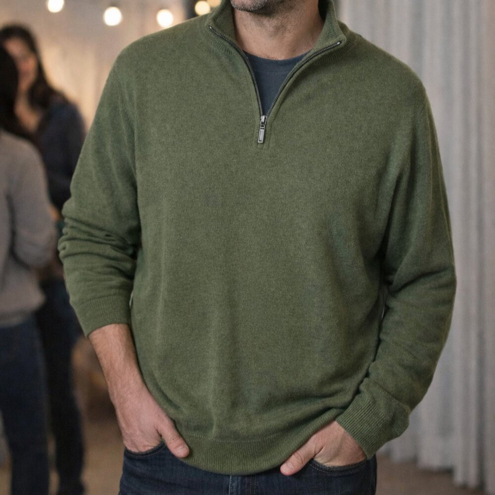 L.L. Bean Men's Olive Green Cotton Cashmere Quarter Zip Sweater